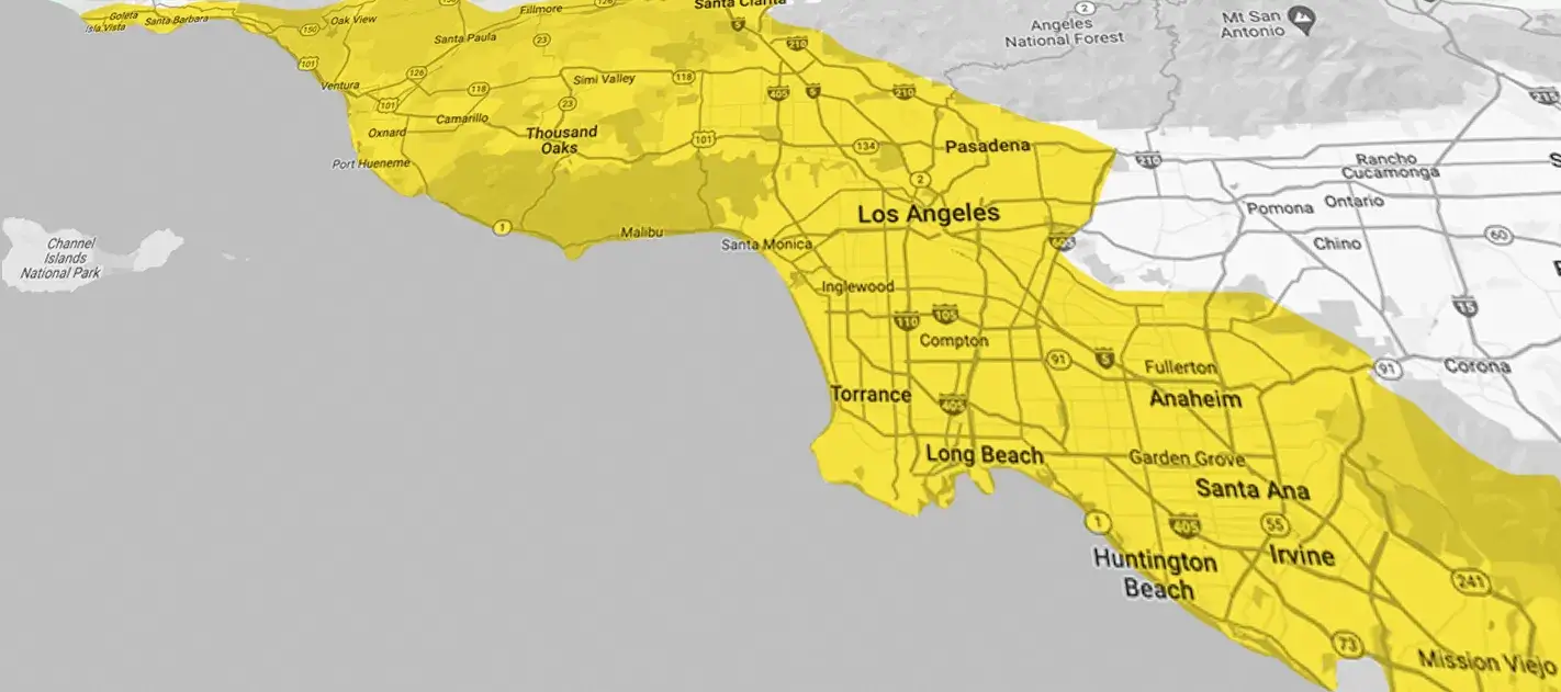 LocalRoofs service area map: Los Angeles County, Ventura County, Santa Barbara County, Orange County